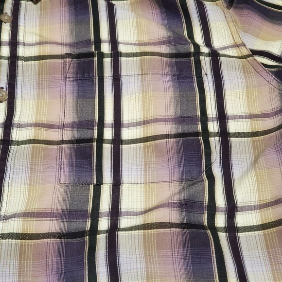 Prana Men's Large Purple Plaid Print Short Sleeves Button Up Collared Shirt - Picture 3 of 7